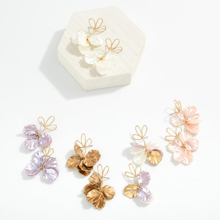 Twisted Metal Flower Shaped Post Drop Earring Linked With Pearl Flower Petals Dangle Detail