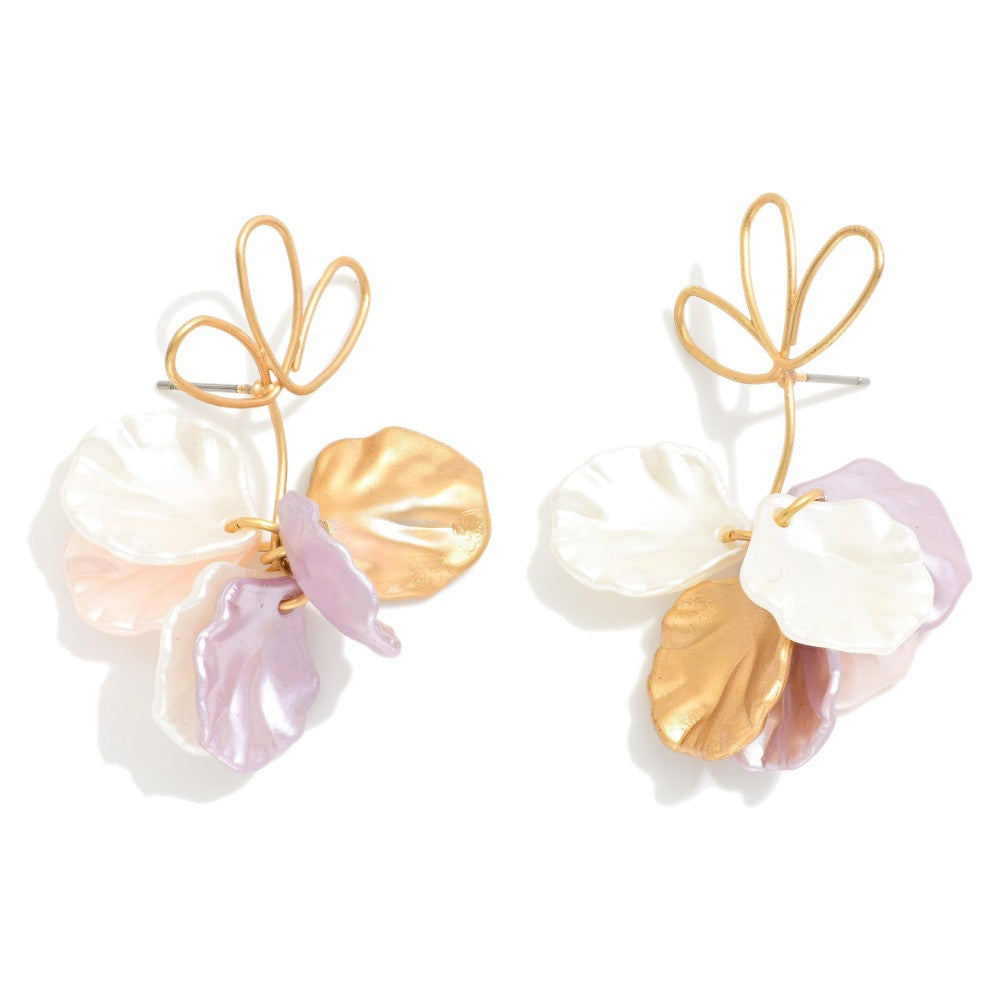 Twisted Metal Flower Shaped Post Drop Earring Linked With Pearl Flower Petals Dangle Detail