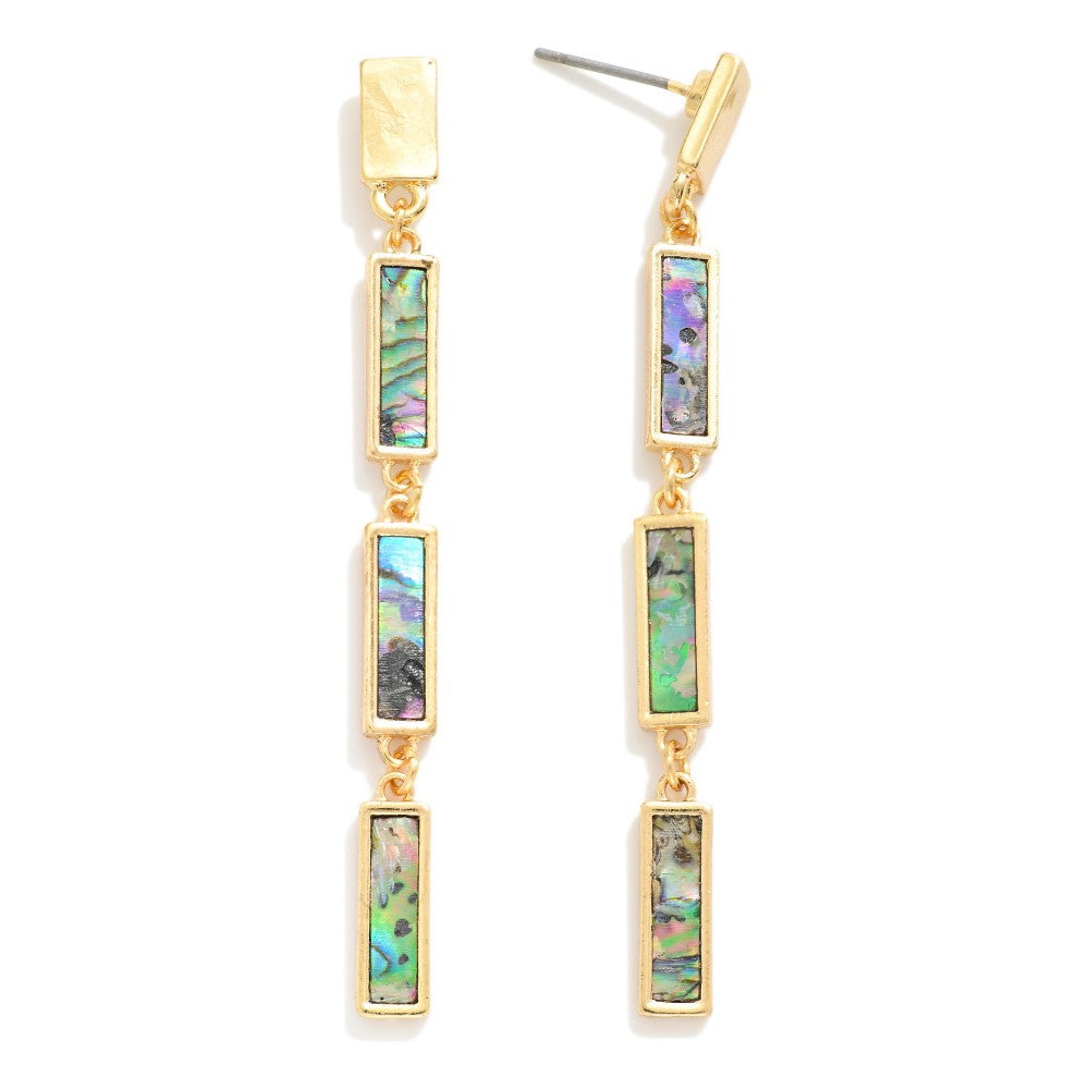 Metal Tone Linked Pearlescent Rectangular Drop Earrings