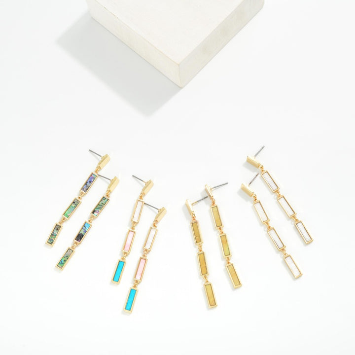 Metal Tone Linked Pearlescent Rectangular Drop Earrings