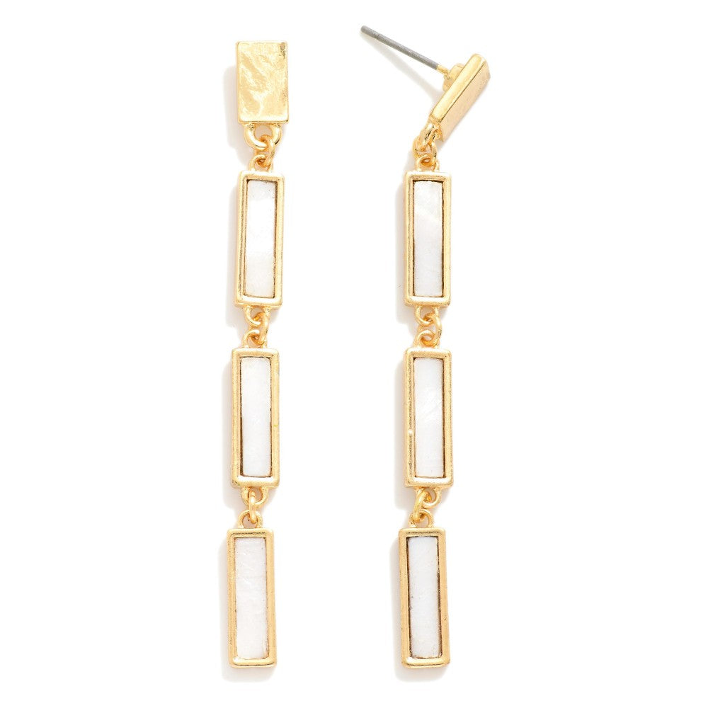 Metal Tone Linked Pearlescent Rectangular Drop Earrings
