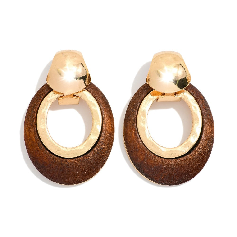 Oval Wood Hoop Drop Earrings Featuring Metal Tone