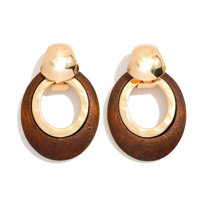 Oval Wood Hoop Drop Earrings Featuring Metal Tone