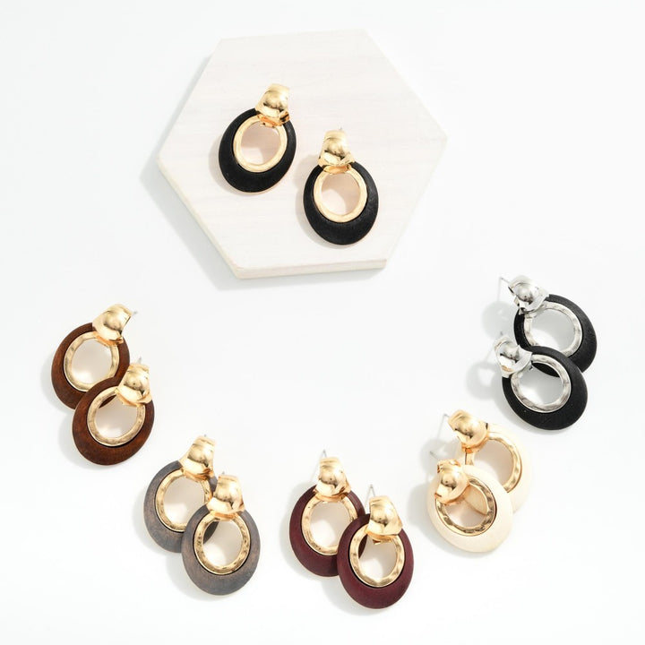 Oval Wood Hoop Drop Earrings Featuring Metal Tone