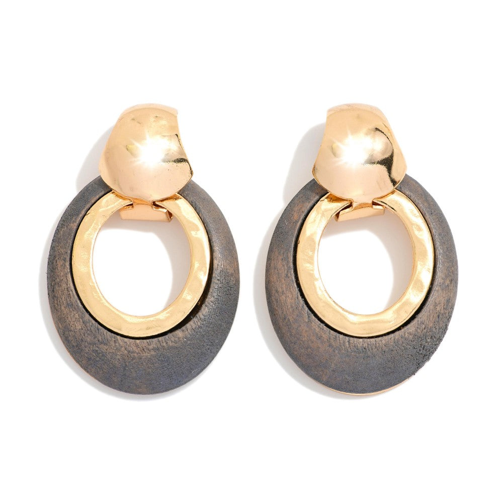 Oval Wood Hoop Drop Earrings Featuring Metal Tone
