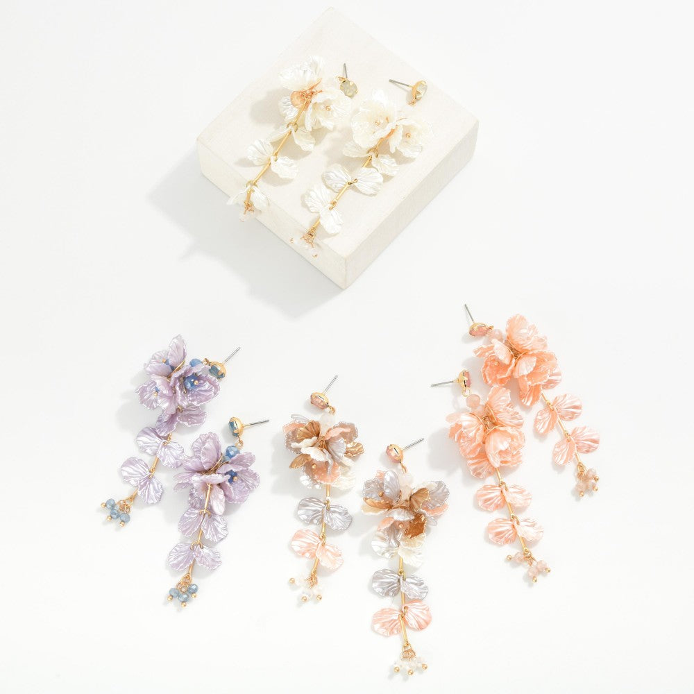 Pearlescent Linked Flower &amp; Petal Post Drop Earrings