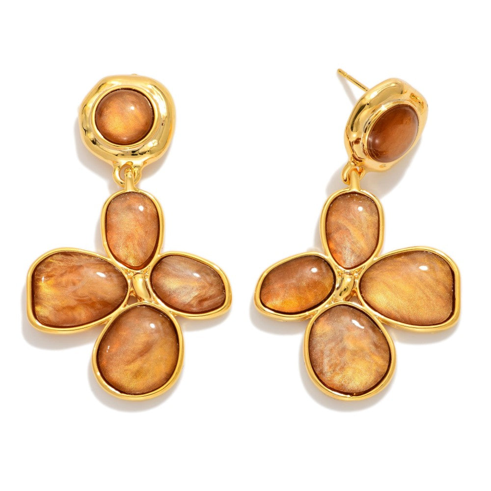 Linked Metal Flower With Metal Post Drop Earring Featuring Marbled Acetate