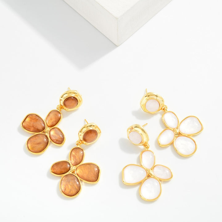 Linked Metal Flower With Metal Post Drop Earring Featuring Marbled Acetate