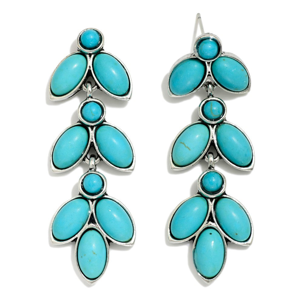 Linked Metal Tone Drop Western Earring Featuring Stone Turquoise Accents