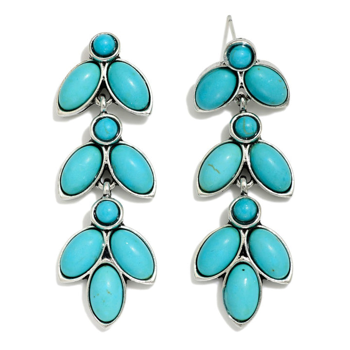 Linked Metal Tone Drop Western Earring Featuring Stone Turquoise Accents