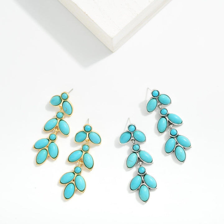 Linked Metal Tone Drop Western Earring Featuring Stone Turquoise Accents