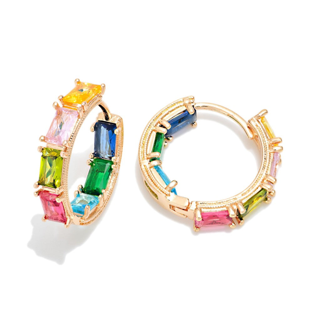 Baguette Rhinestone Studded Hoop Earrings