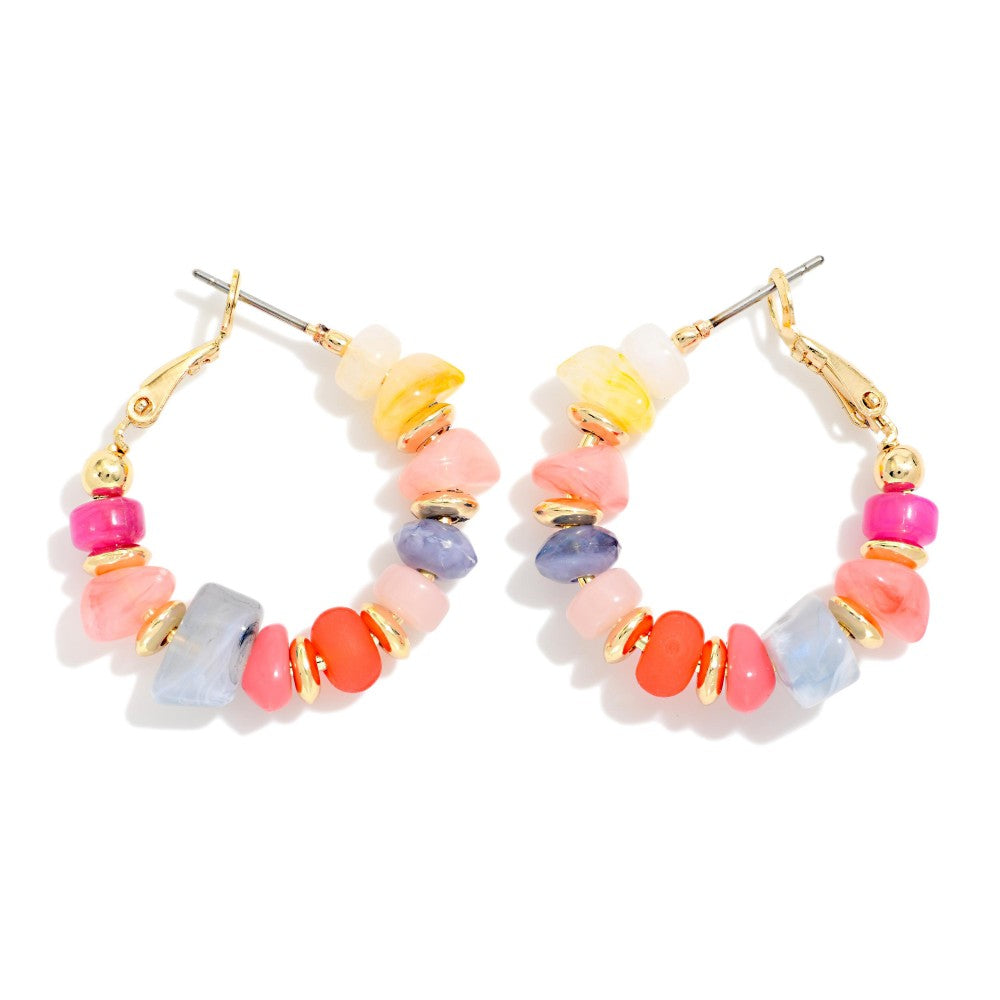 Stone &amp; Metal Tone Disk Beaded Hoop Earrings