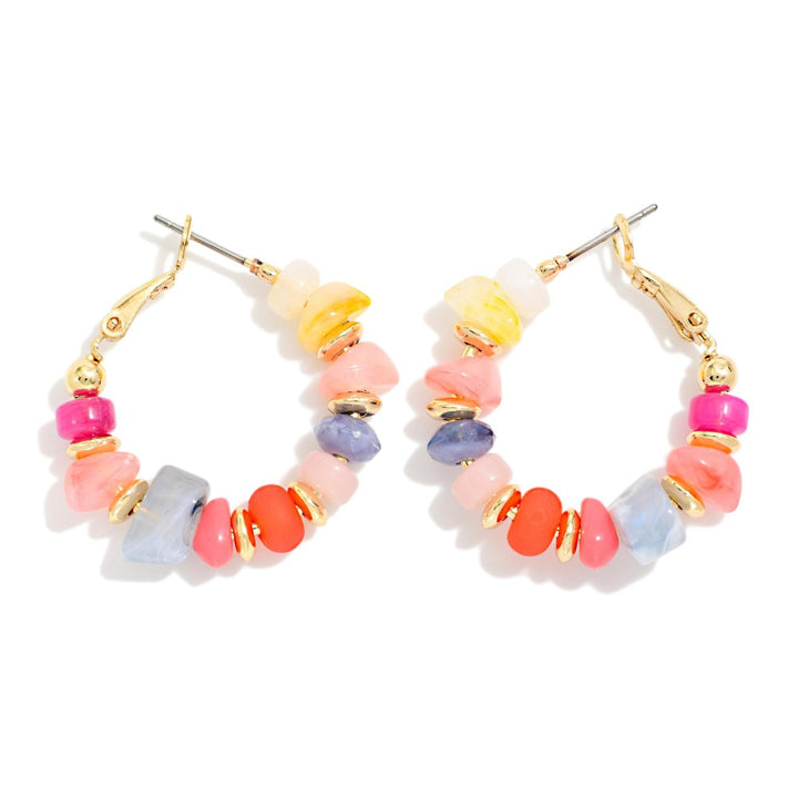 Stone &amp; Metal Tone Disk Beaded Hoop Earrings