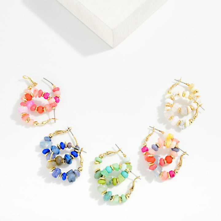Stone &amp; Metal Tone Disk Beaded Hoop Earrings