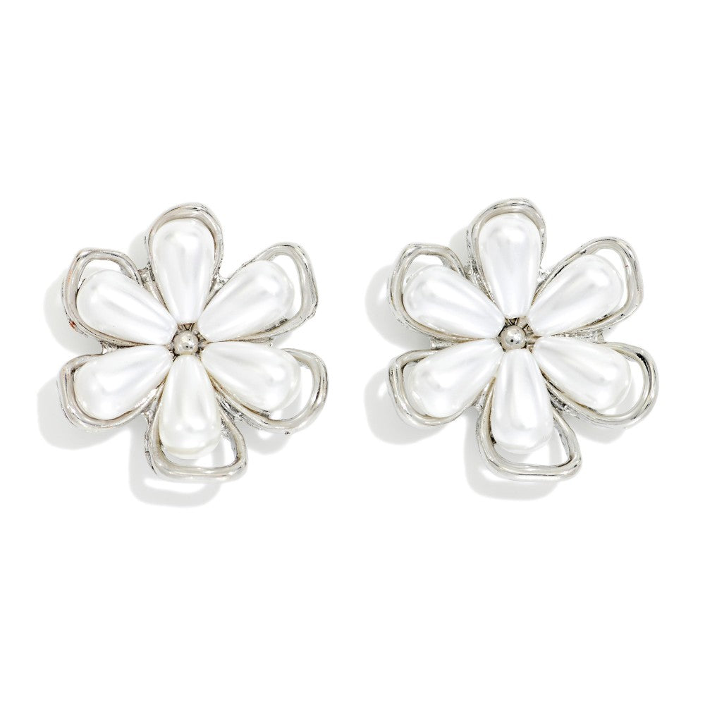 Metal Tone Flower Post Drop Earrings With Nesting Pearl Petals