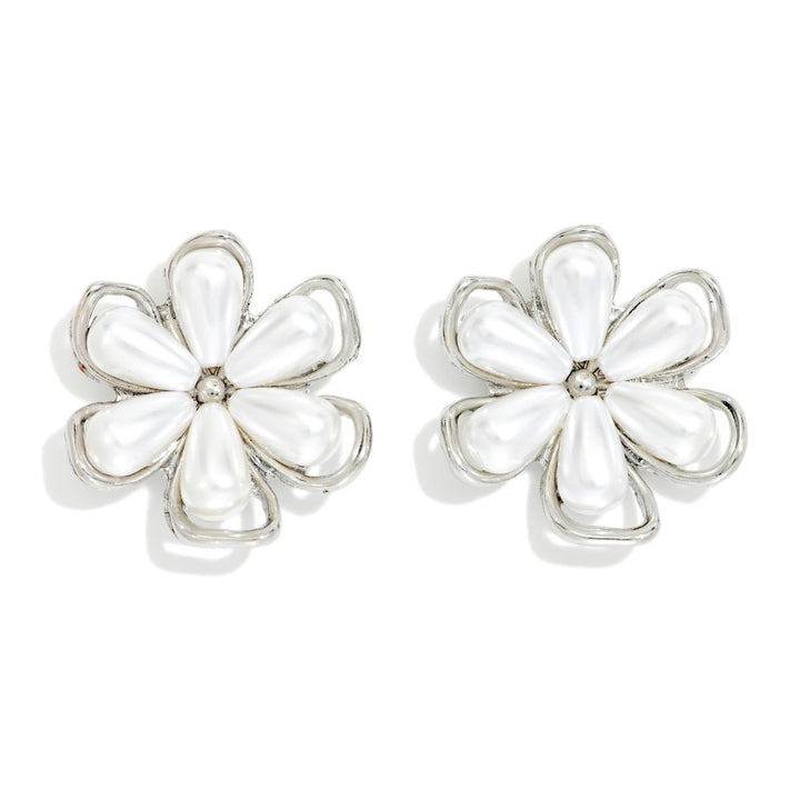 Metal Tone Flower Post Drop Earrings With Nesting Pearl Petals