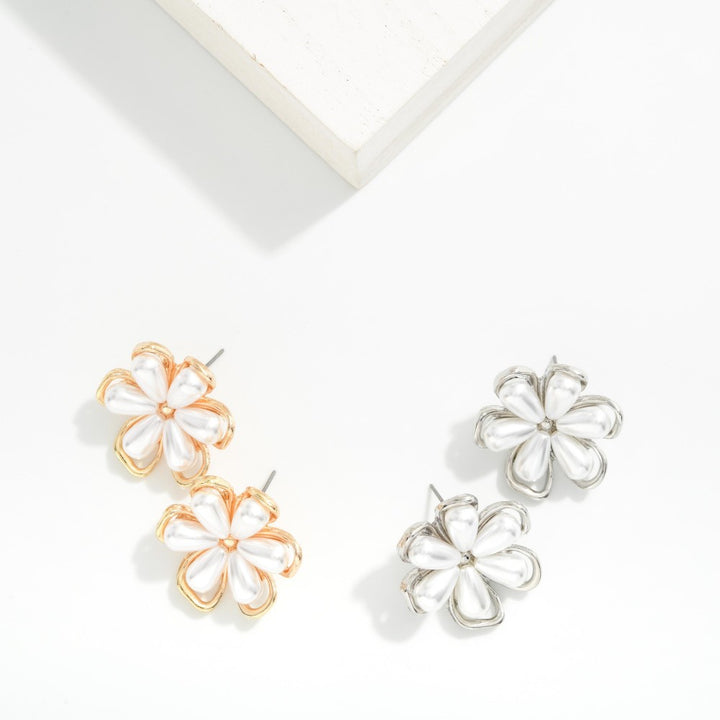 Metal Tone Flower Post Drop Earrings With Nesting Pearl Petals