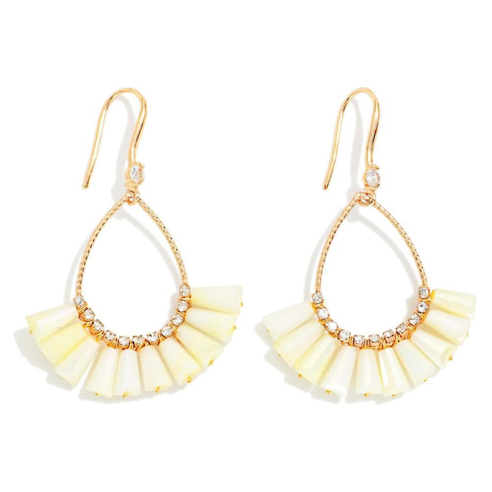 Textured Metal &amp; Rhinestone Teardrop Earrings Featuring Fanned Marbled Acetate Beads