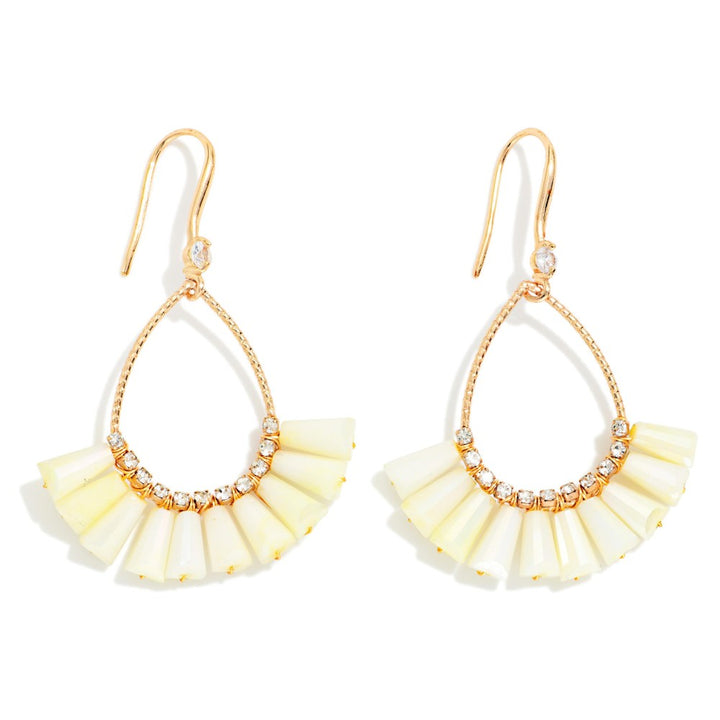 Textured Metal &amp; Rhinestone Teardrop Earrings Featuring Fanned Marbled Acetate Beads