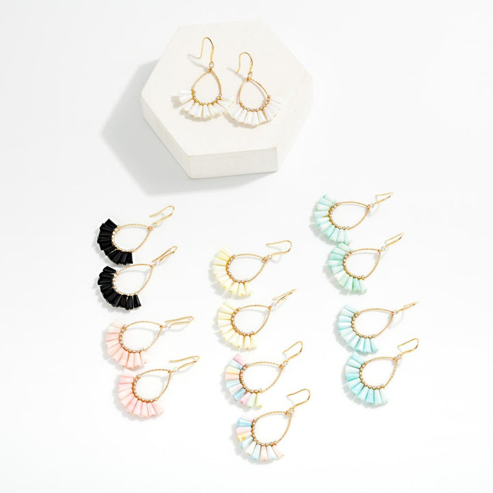 Textured Metal &amp; Rhinestone Teardrop Earrings Featuring Fanned Marbled Acetate Beads