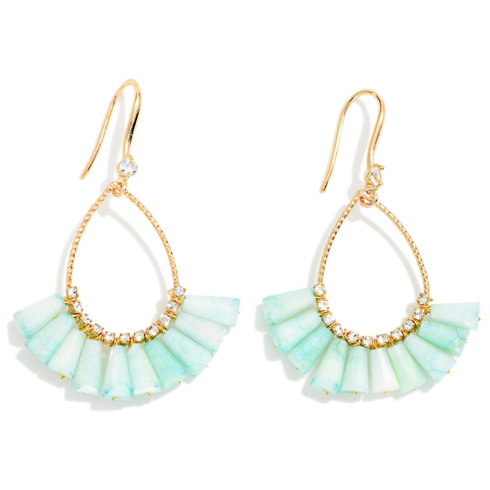 Textured Metal &amp; Rhinestone Teardrop Earrings Featuring Fanned Marbled Acetate Beads