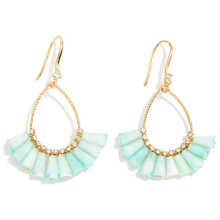 Textured Metal &amp; Rhinestone Teardrop Earrings Featuring Fanned Marbled Acetate Beads