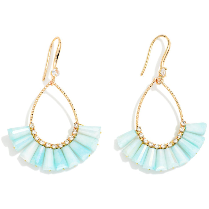 Textured Metal &amp; Rhinestone Teardrop Earrings Featuring Fanned Marbled Acetate Beads