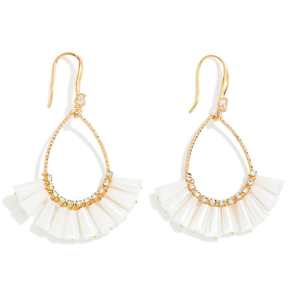 Textured Metal &amp; Rhinestone Teardrop Earrings Featuring Fanned Marbled Acetate Beads