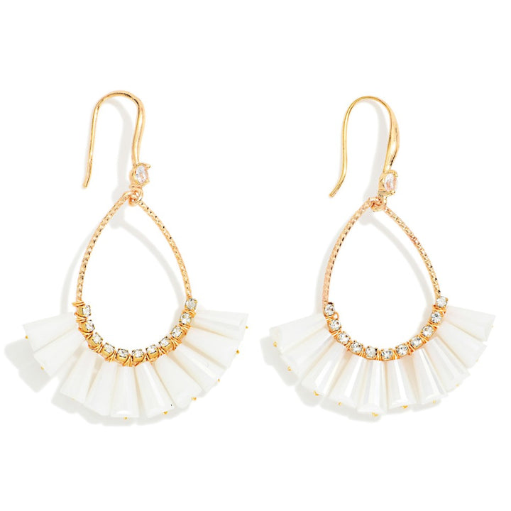 Textured Metal &amp; Rhinestone Teardrop Earrings Featuring Fanned Marbled Acetate Beads
