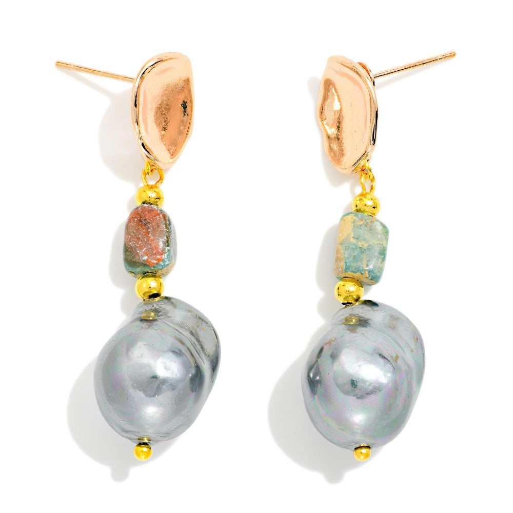 Linked Hammered Metal And Pearl Post Drop Earring Featuring Stone And Gold Tones