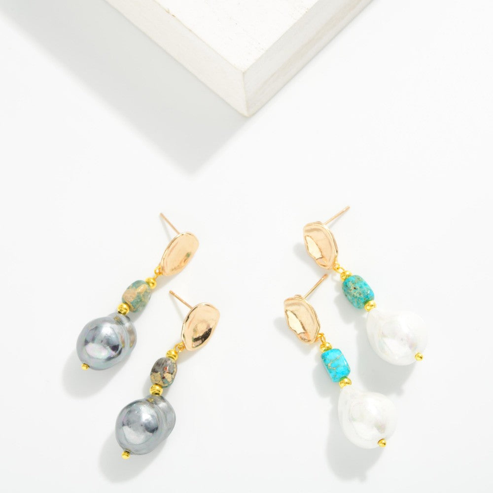 Linked Hammered Metal And Pearl Post Drop Earring Featuring Stone And Gold Tones