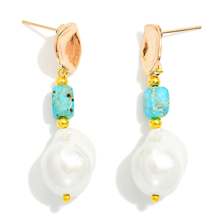 Linked Hammered Metal And Pearl Post Drop Earring Featuring Stone And Gold Tones