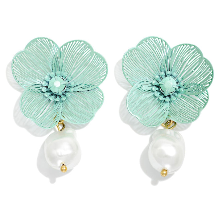 Metal Tone Flower &amp; Baroque Pearl Drop Earrings