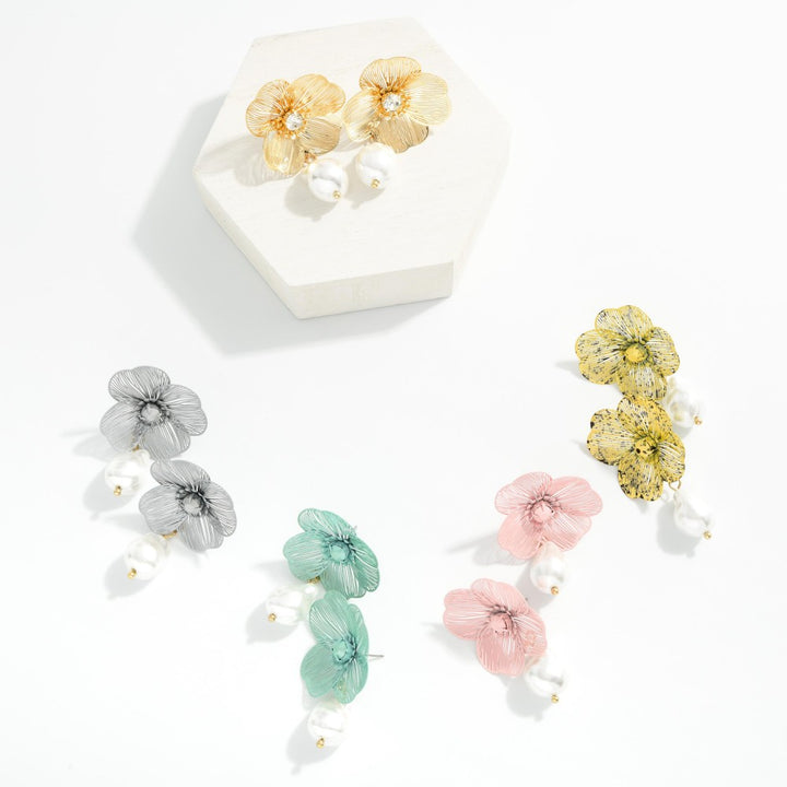 Metal Tone Flower &amp; Baroque Pearl Drop Earrings