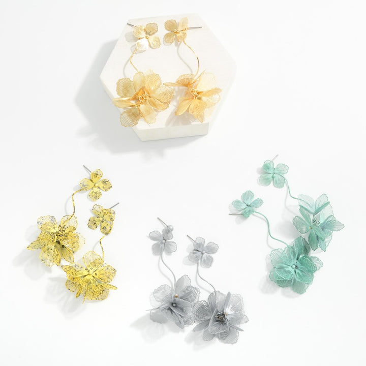 Linked Metal Flower &amp; Flower Cluster Drop Earrings Featuring Cut out Details