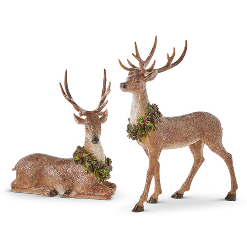Pine Wreathed Glittered Deer Figurines