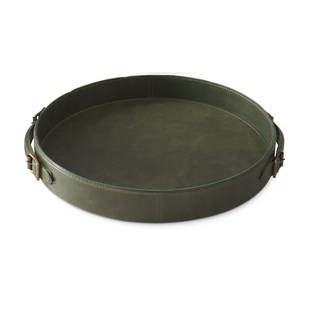 Green Leather Round Trays with Brass Buckle Handle