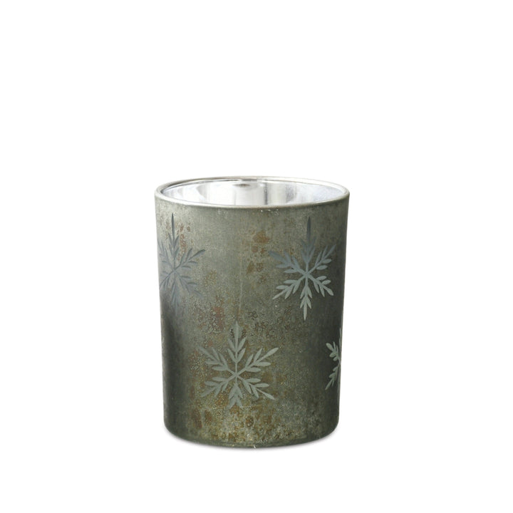 Distressed Green Snowflake Glass Candle Holder