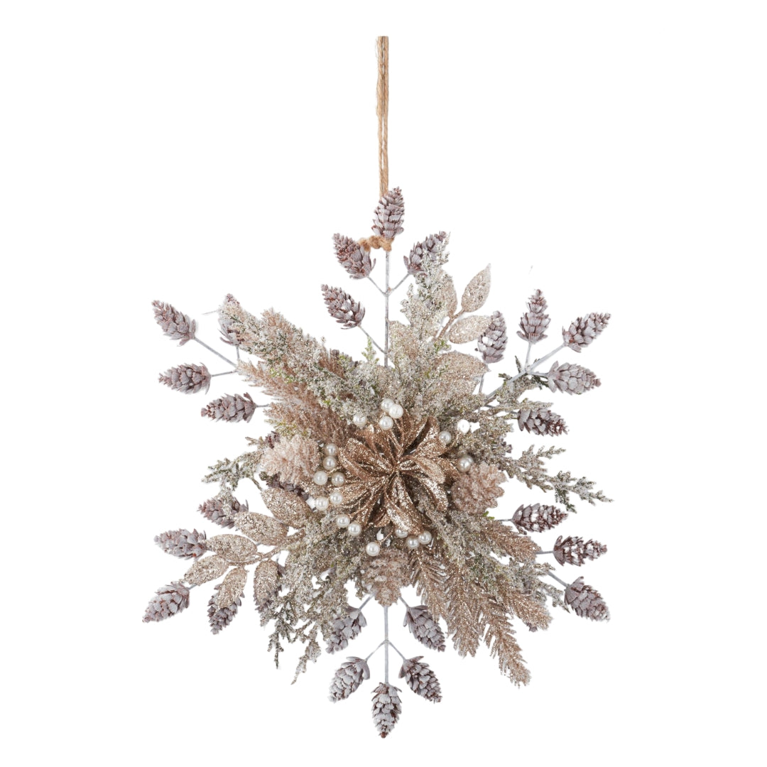Pine Foliage Glittered Snowflake Ornaments