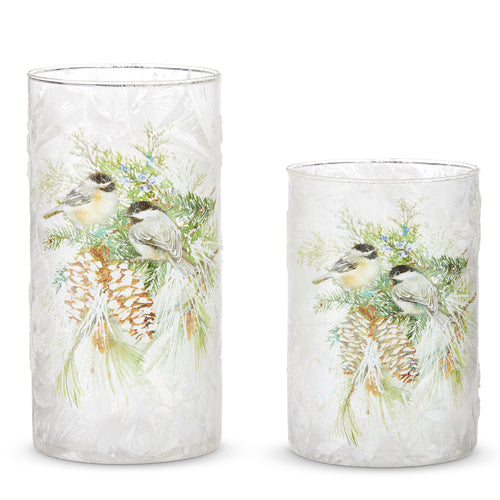 Frosted Chickadee and Pine Glass Votives