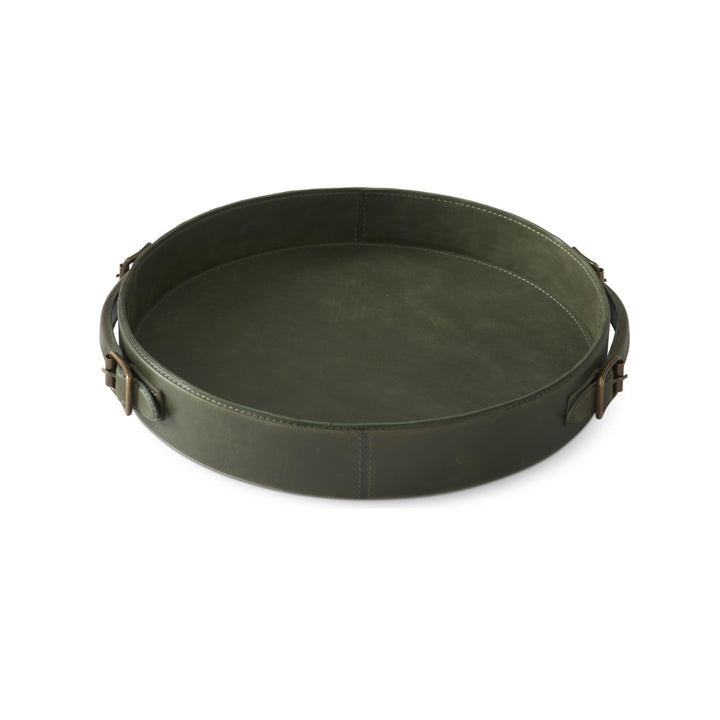 Green Leather Round Trays with Brass Buckle Handle