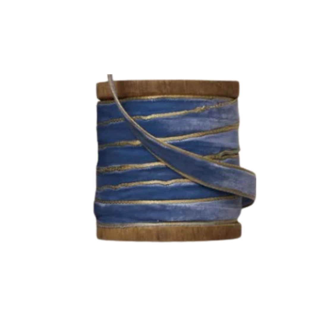 10 Yard Velvet Ribbon with Gold Edge on Wooden Spool- Blues