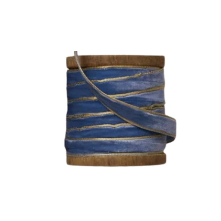 10 Yard Velvet Ribbon with Gold Edge on Wooden Spool- Blues