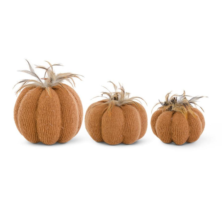 Orange Knit Pumpkins with Wood Stem & Feathers