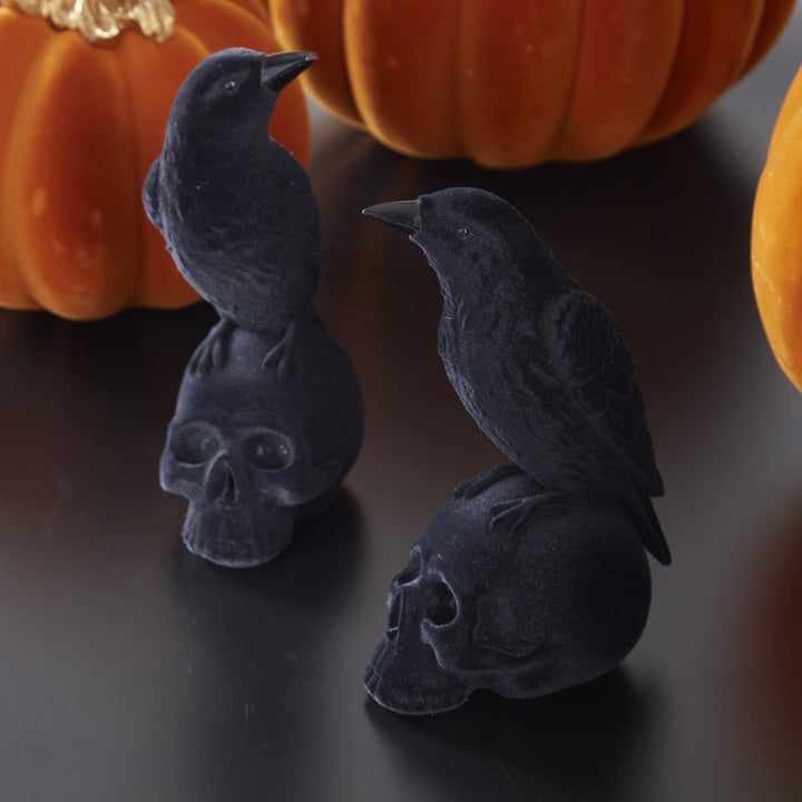 Black Velvet Flocked Resin Crows on Skulls