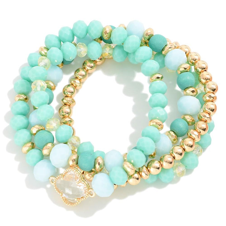 Faceted Beaded Stretch Bracelets With Crystal Clover