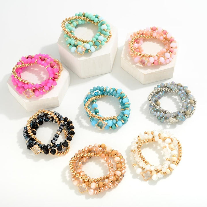 Faceted Beaded Stretch Bracelets With Crystal Clover