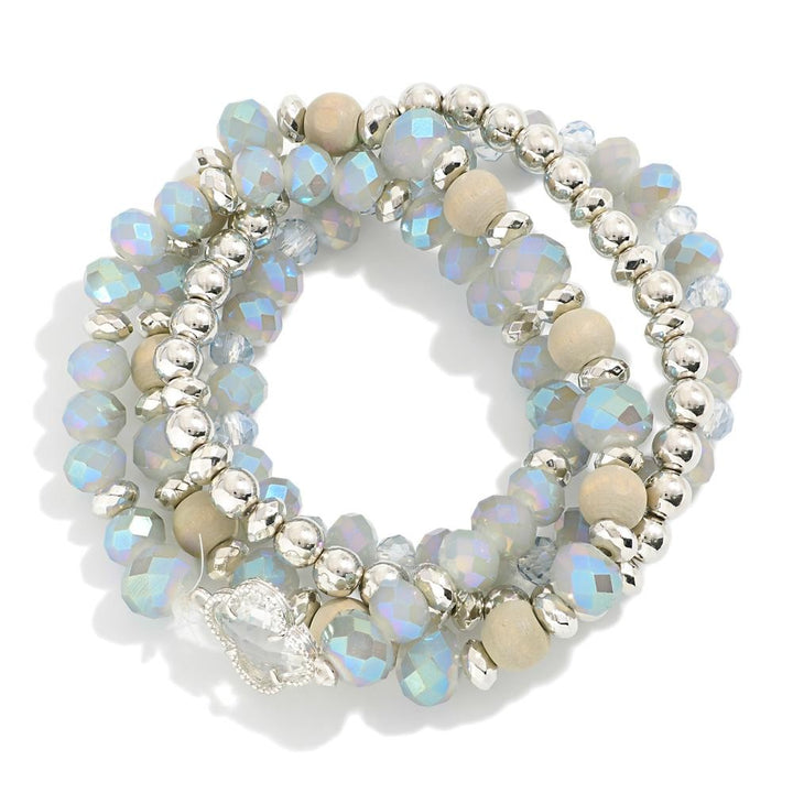 Faceted Beaded Stretch Bracelets With Crystal Clover