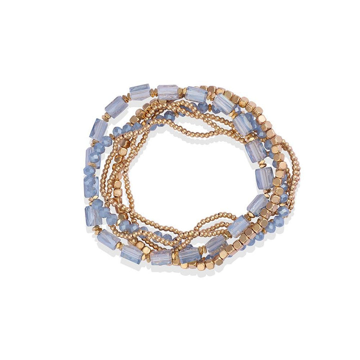 Set Of Six Beaded Stretch Bracelets Featuring Gold Tones, Faceted Beads, & Glass Crystal Beads